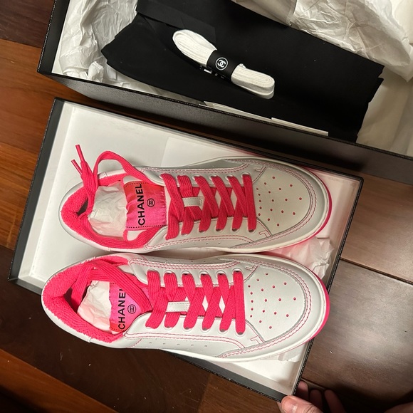 Authentic New With Tags Chanel Neon Fuchsia & White Sneakers - Picture 3 of 9